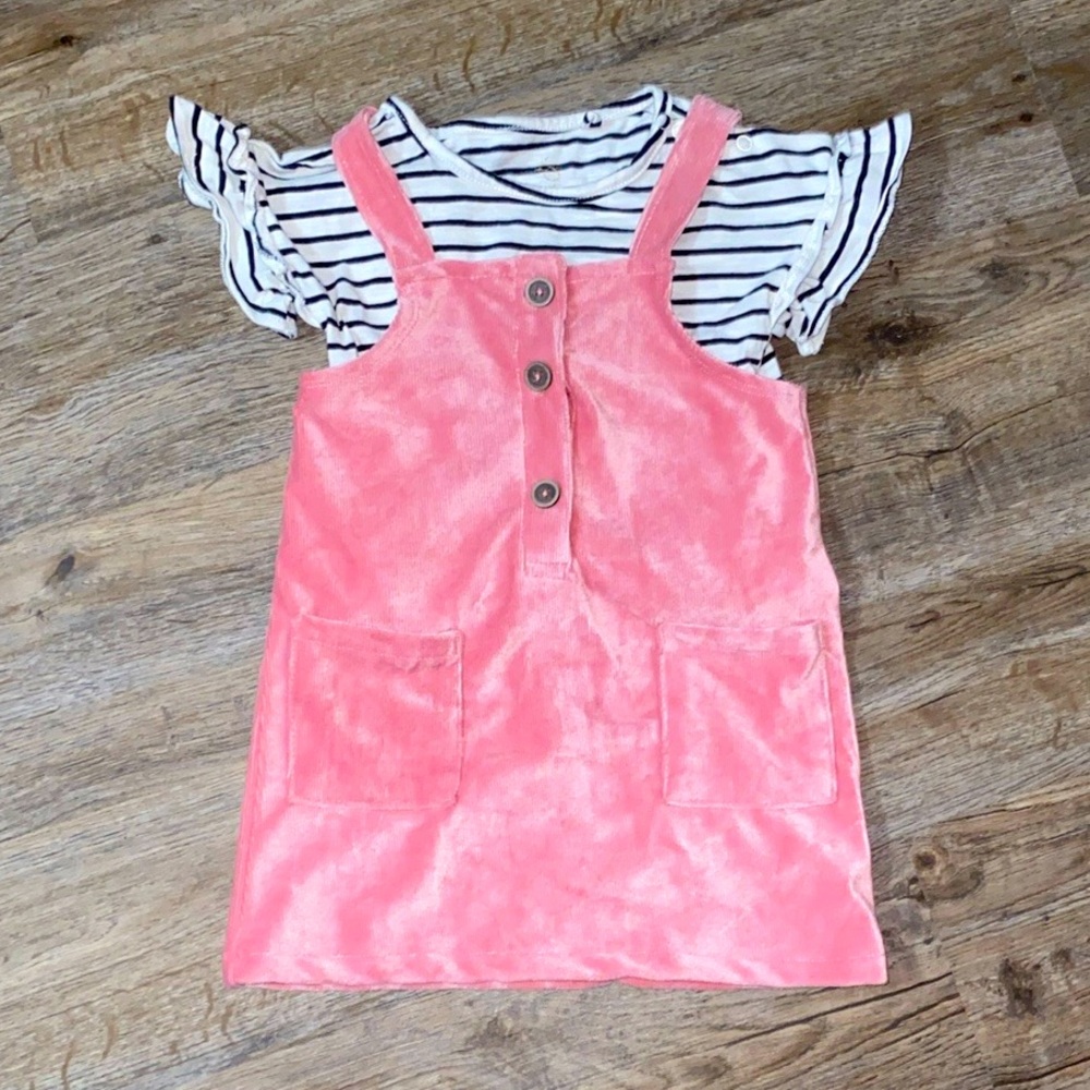 Jessica Simpson Pink Corduroy Pinafore Dress with Striped Top 24M